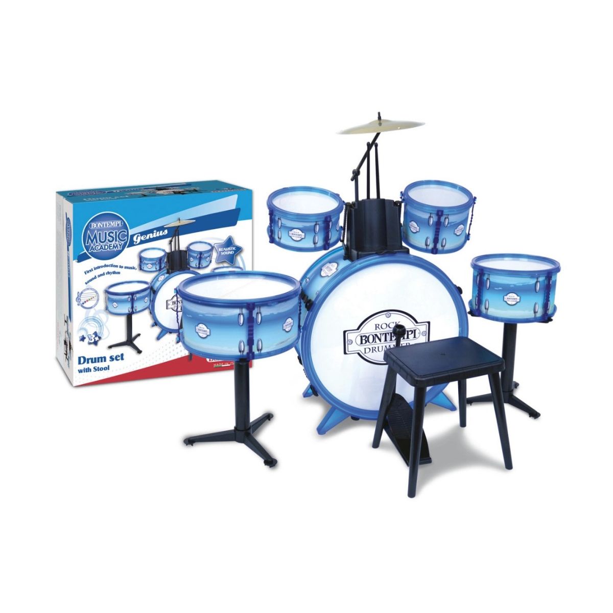 Сет тапани со столче и 2 стапчиња, Rock Drum Set, 6 елементи, сини 