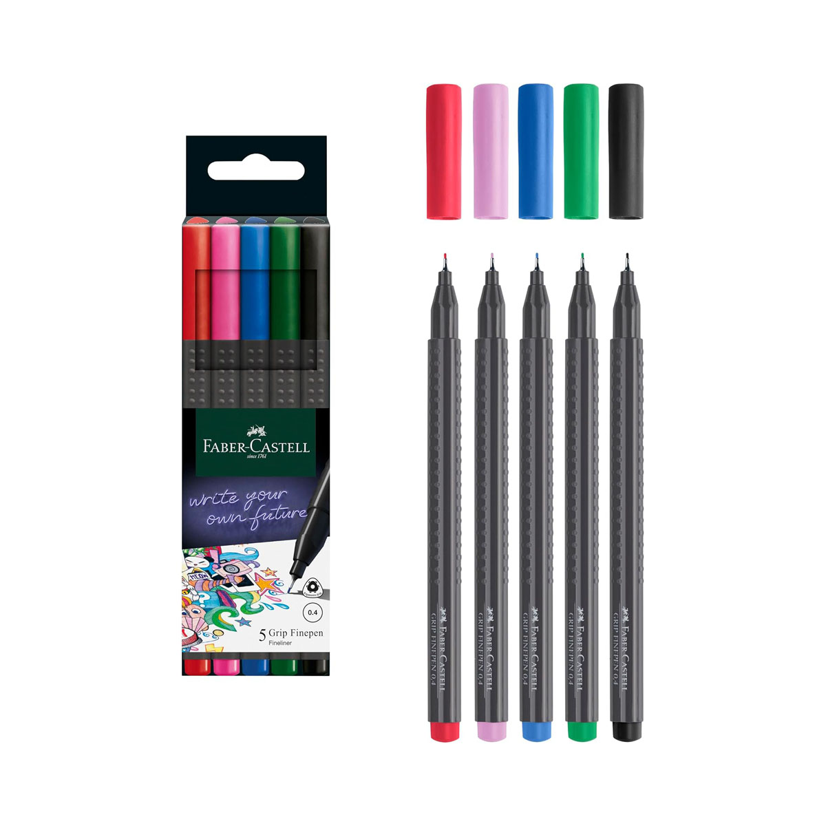 Сет од 5 фајнлајнери, Faber Castell - Finepen Grip Basic, 0.4mm 