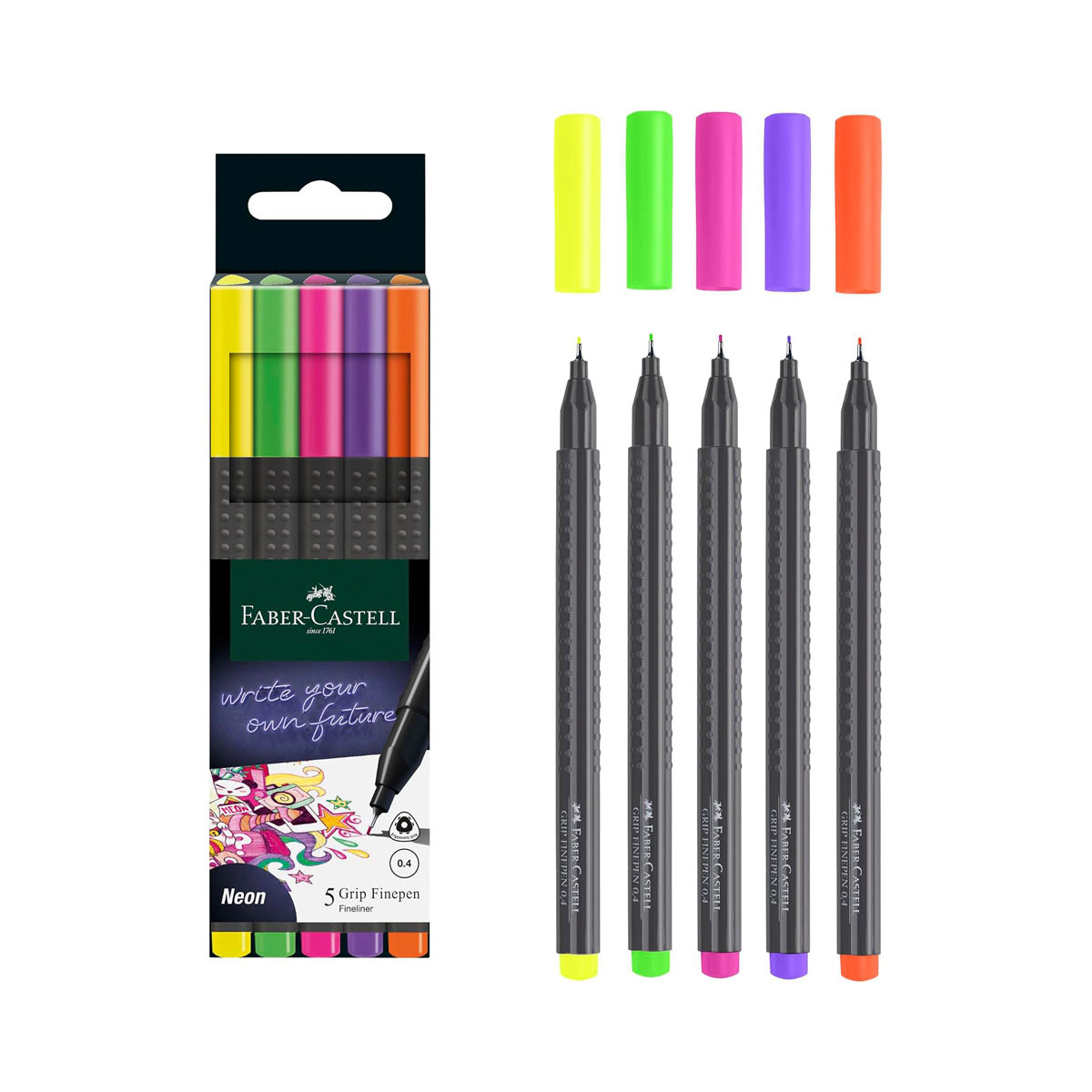 Сет од 5 фајнлајнери, Faber Castell - Finepen Grip Neon, 0.4mm 