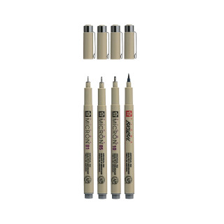 Сет фајнлајнери + брашпен, Sakura - Pigma Micron Cool Gray , 1/4