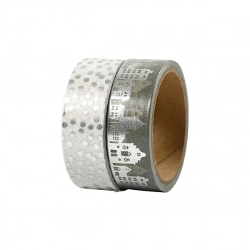 Декоративен селотејп, Houses & Dots, Silver, сет од 2 