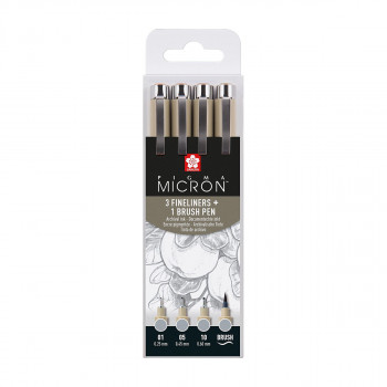 Сет фајнлајнери + брашпен, Sakura - Pigma Micron Light Cool Gray , 1/4 