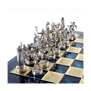 Сет за шах, Handcrafted Greek Mythology, среден, син со златни/сребрени фигури 