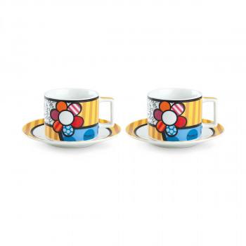 Сет од 2 шолји за капучино со тацни, Britto - Flower 