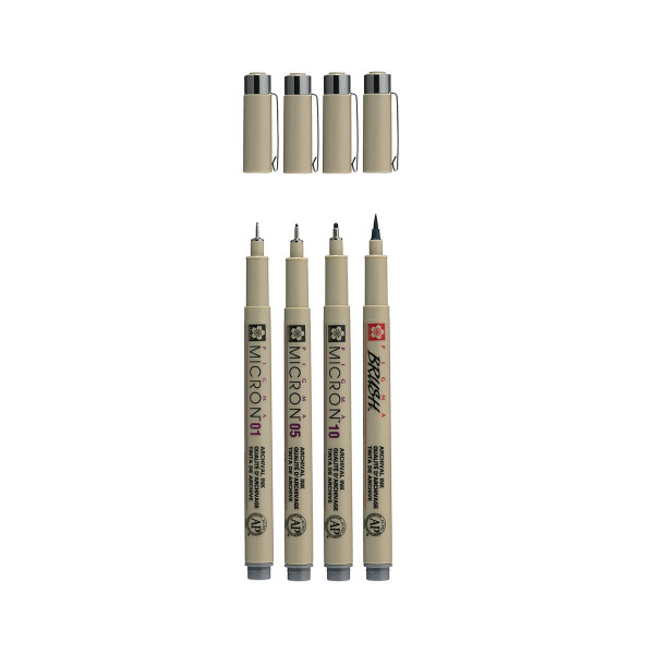 Сет фајнлајнери + брашпен, Sakura - Pigma Micron Cool Gray , 1/4