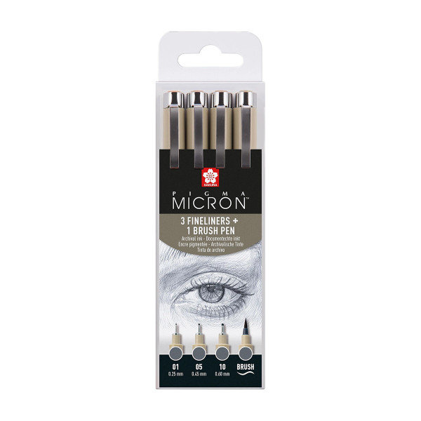 Сет фајнлајнери + брашпен, Sakura - Pigma Micron Cool Gray , 1/4