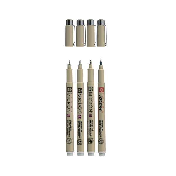 Сет фајнлајнери + брашпен, Sakura - Pigma Micron Light Cool Gray , 1/4 
