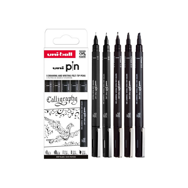 Сет фајнлајнери, Uni Pin - Calligraphy, Deep Black, 1/5 