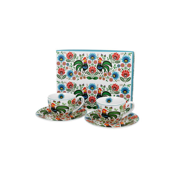 Сет од 2 шолји со тацни Folk Roosters, 110 ml 