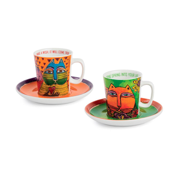Сет од 2 шолји со тацни, Laurel Burch, зелена/портокалова 