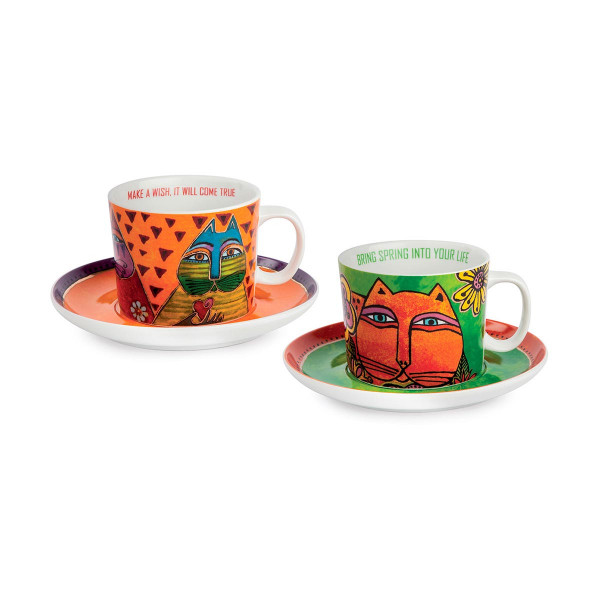 Сет од 2 шолји за капучино, Laurel Burch, зелена/портокалова 