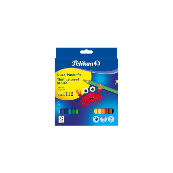 Дебели дрвени боици + Острилка, Pelikan, 12 бои