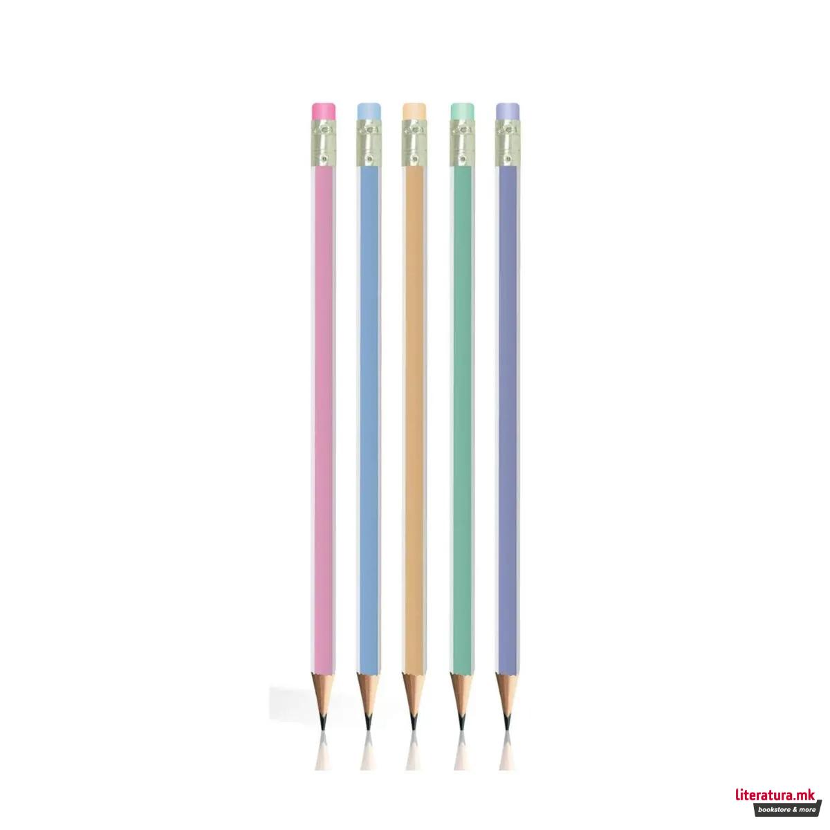 Дрвен молив со гума, S-Cool - Pastel, HB, 5 бои