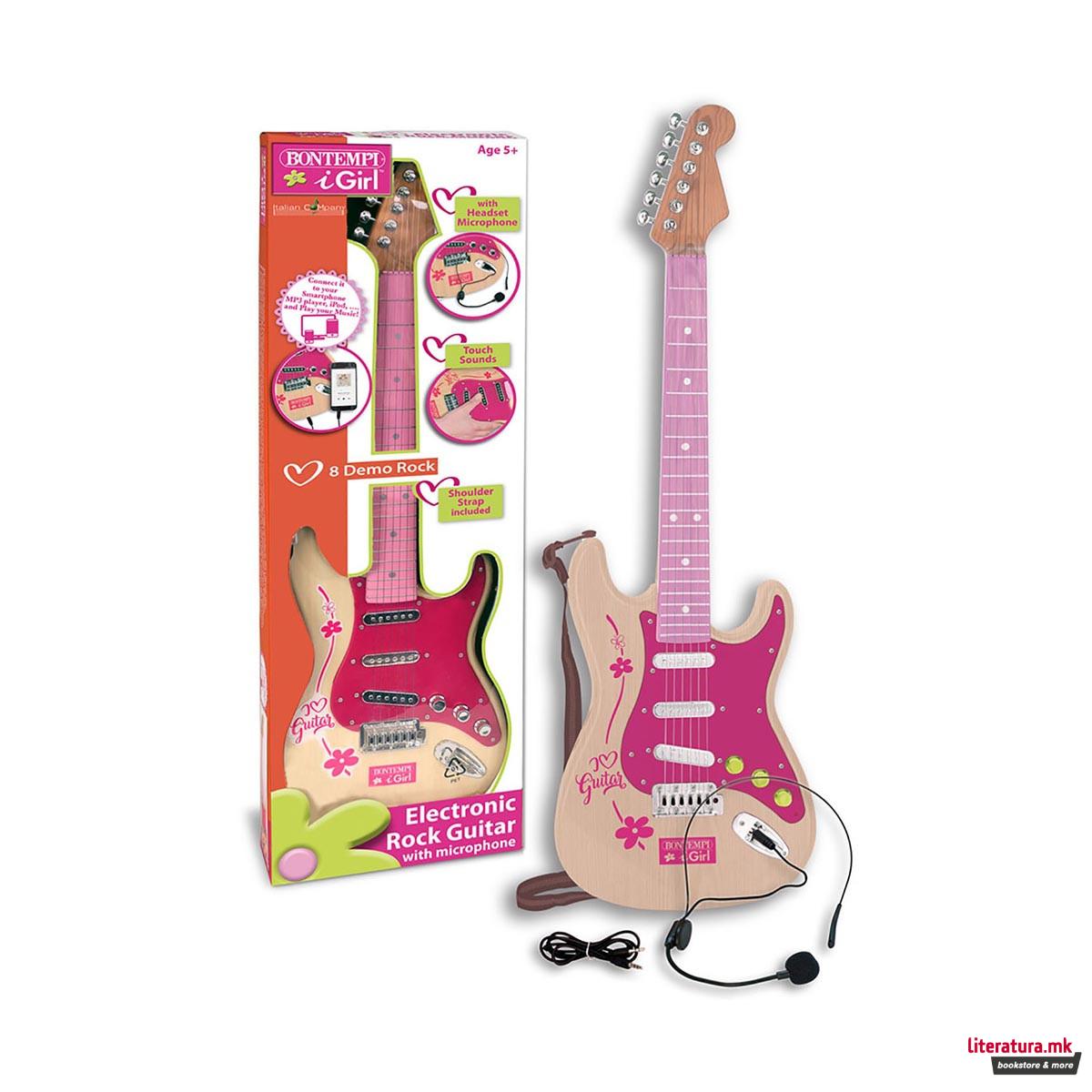 Електронска рок гитара со ремен, Electronic Guitar, 67cm, розева 