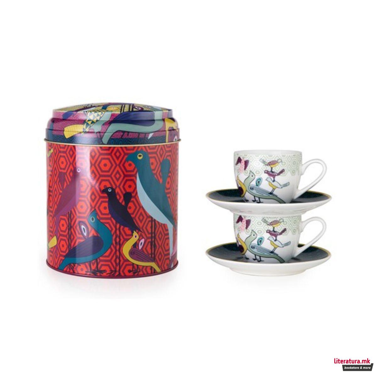Сет од две шолји за кафе со тацни и метална кутија, Birds of Paradise, 90ml