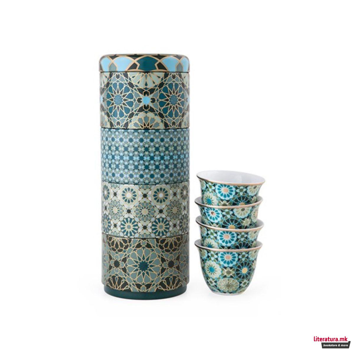Сет од 4 шолји за кафе и метална кутија, Andalusia, 60ml