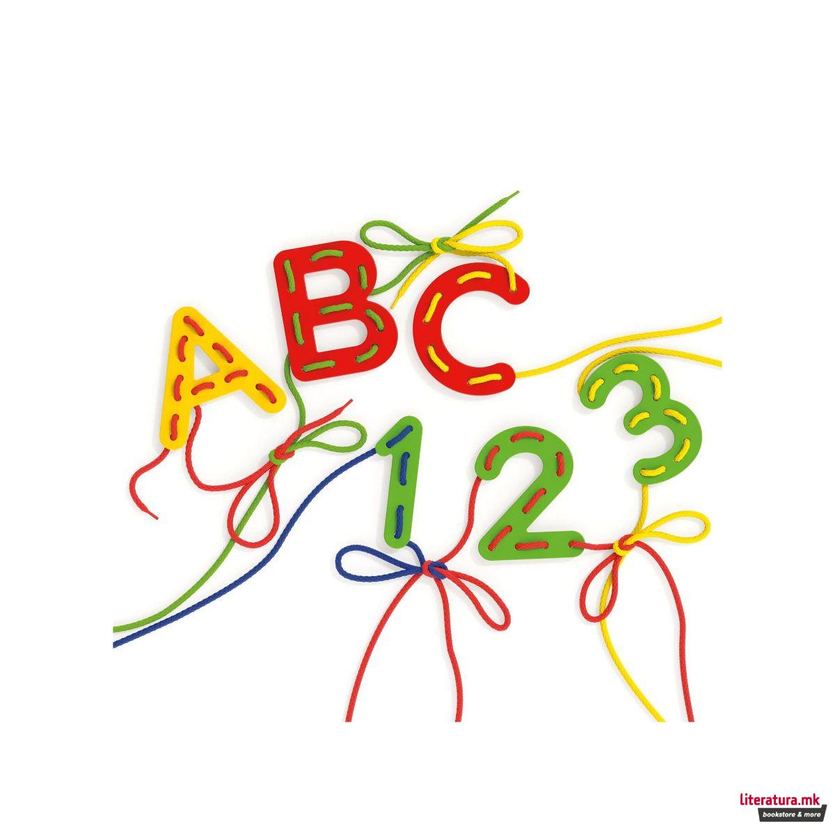 Едукативен сет за изработка - Азбука и бројки, Play Montessori - Lacing ABC + 123