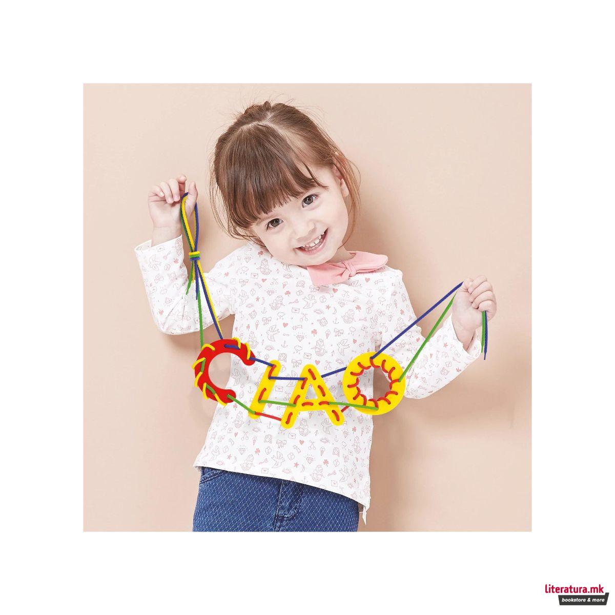 Едукативен сет за изработка - Азбука и бројки, Play Montessori - Lacing ABC + 123