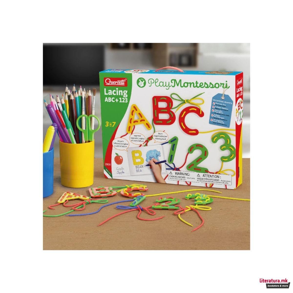Едукативен сет за изработка - Азбука и бројки, Play Montessori - Lacing ABC + 123