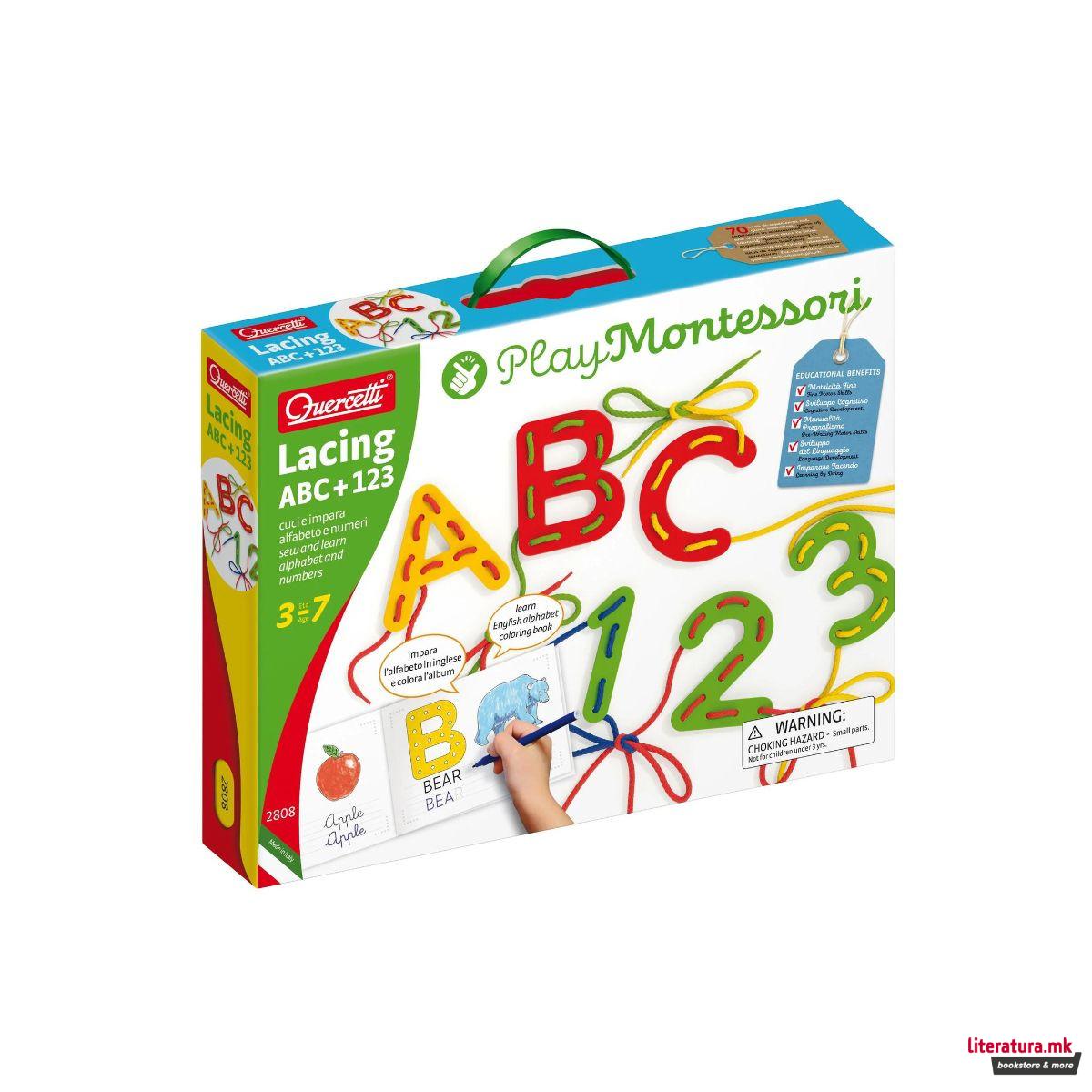 Едукативен сет за изработка - Азбука и бројки, Play Montessori - Lacing ABC + 123