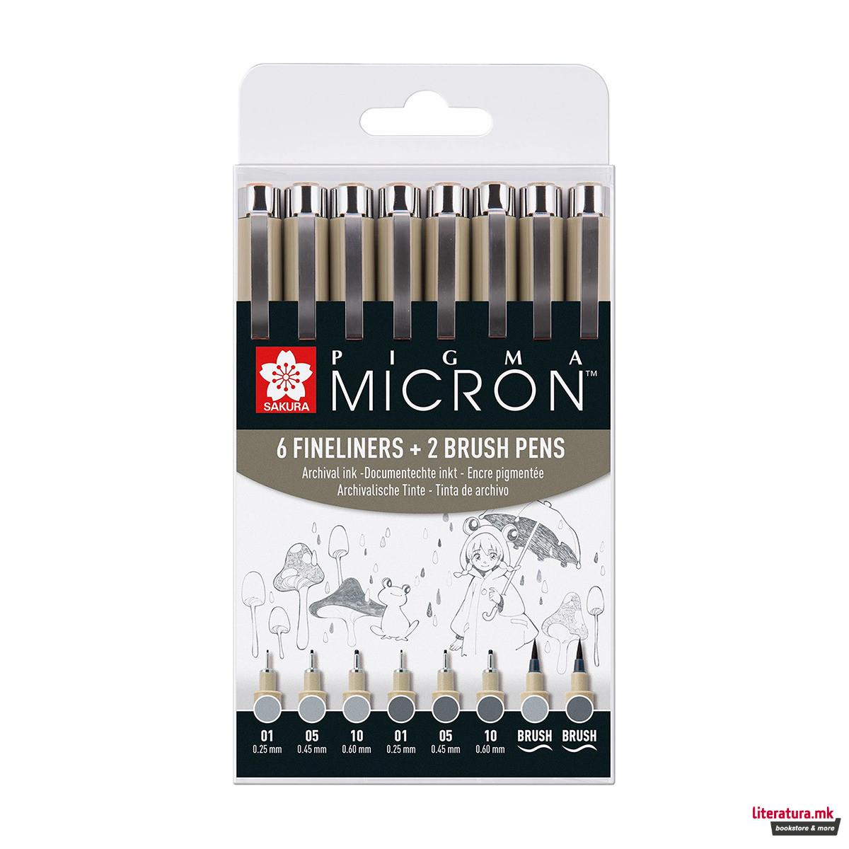Сет фајнлајнери + брашпенс, Sakura-Pigma Micron Light Cool Gray & Cool Gray, 1/8