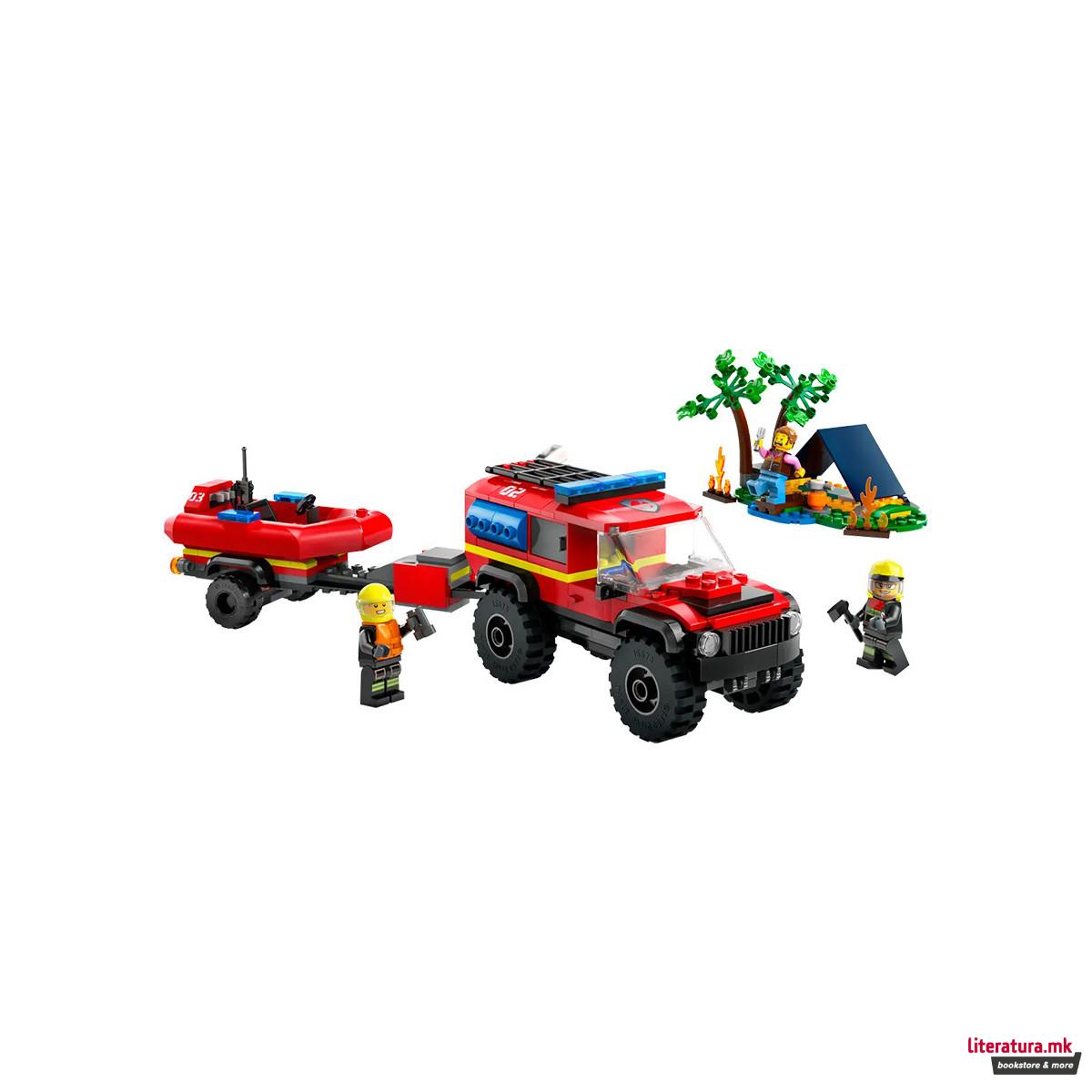 LEGO коцки, City, 4x4 Fire Truck with Rescue Boat 