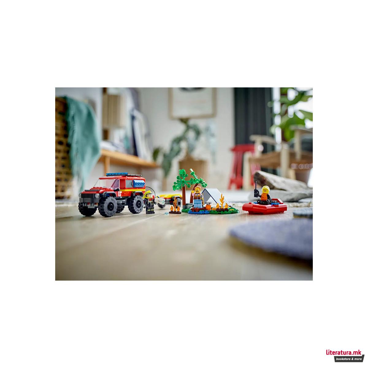 LEGO коцки, City, 4x4 Fire Truck with Rescue Boat 
