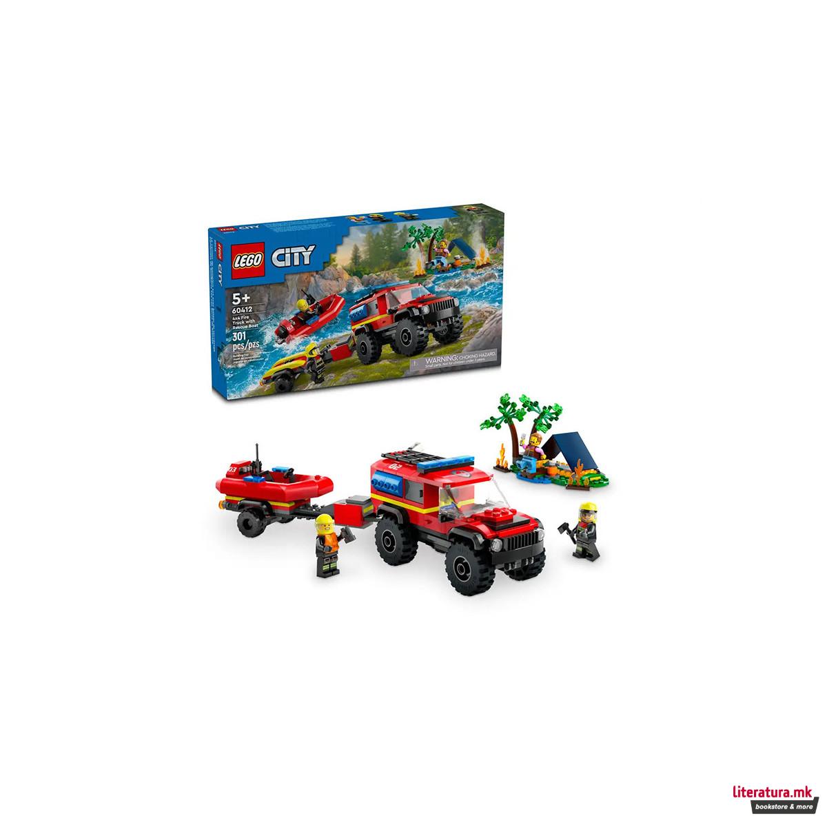 LEGO коцки, City, 4x4 Fire Truck with Rescue Boat 