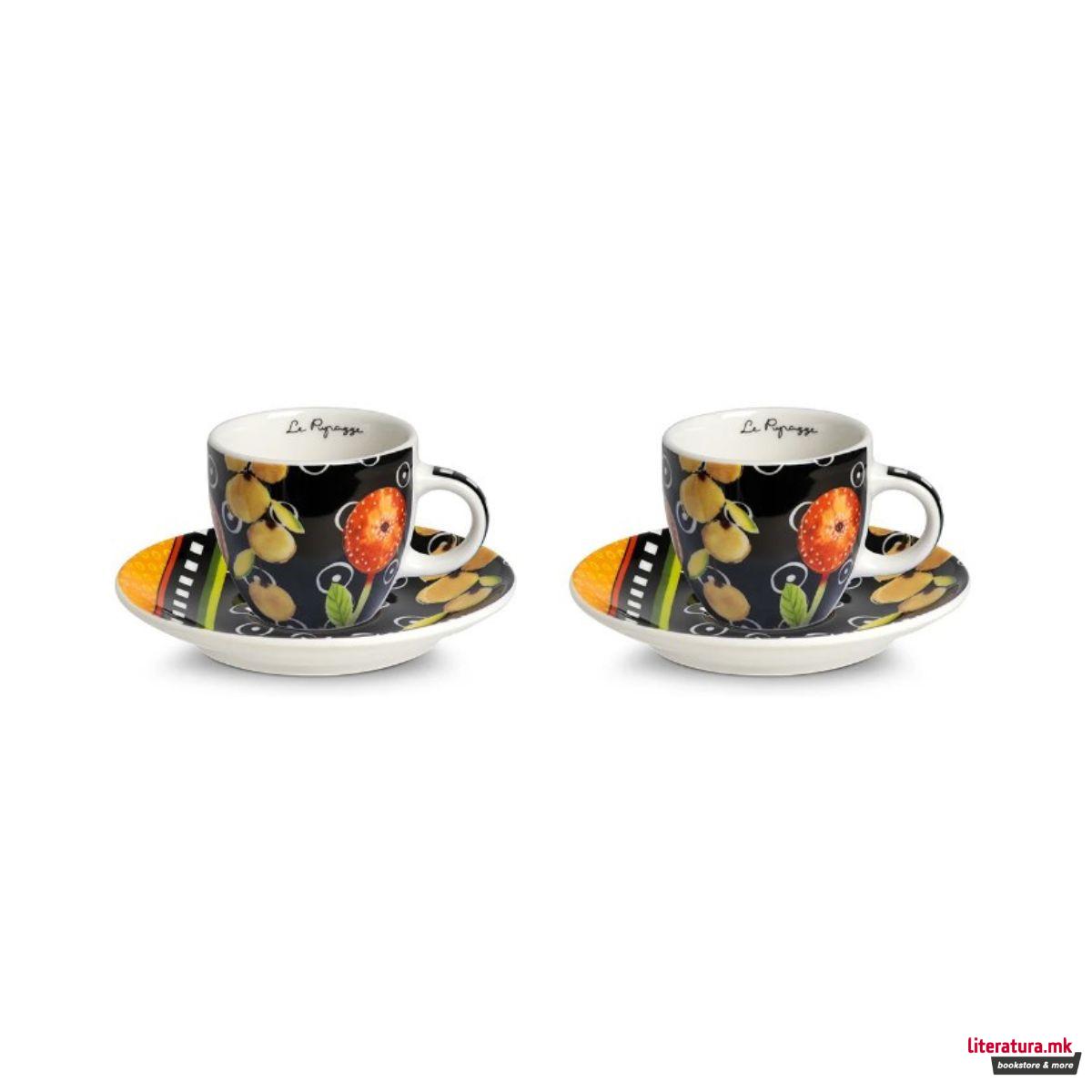 Сет од 2 шолји со тацни, Le Pupazze Black, 100ml