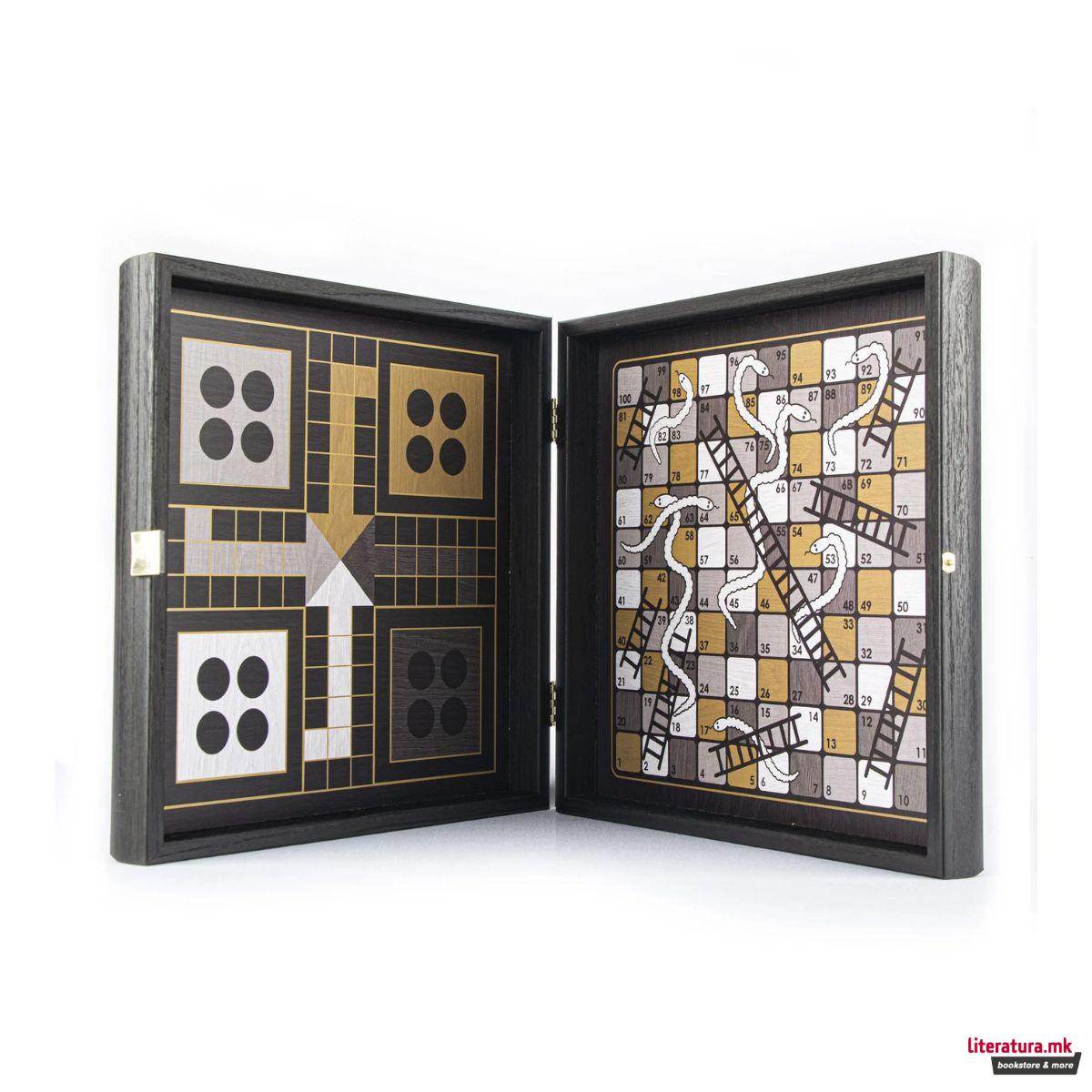 Сет игри 4 во 1, Modern Style Chess, Backgammon, Ludo & Snakes, црн