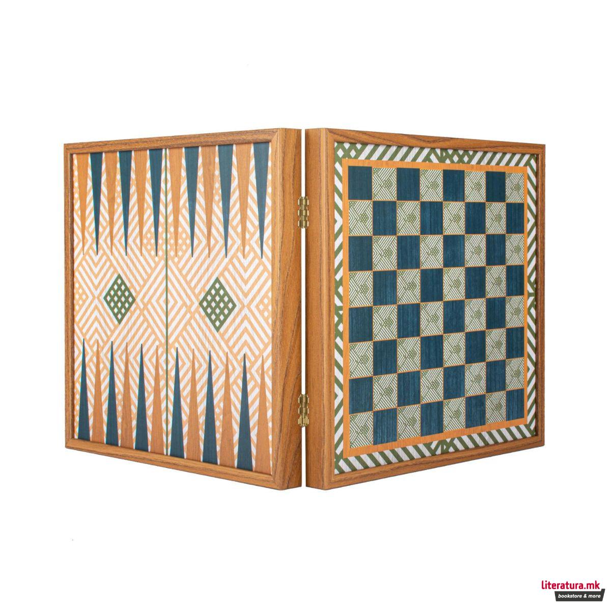Сет игри 4 во 1, Retro Style Chess, Backgammon, Ludo & Snakes, зелен 