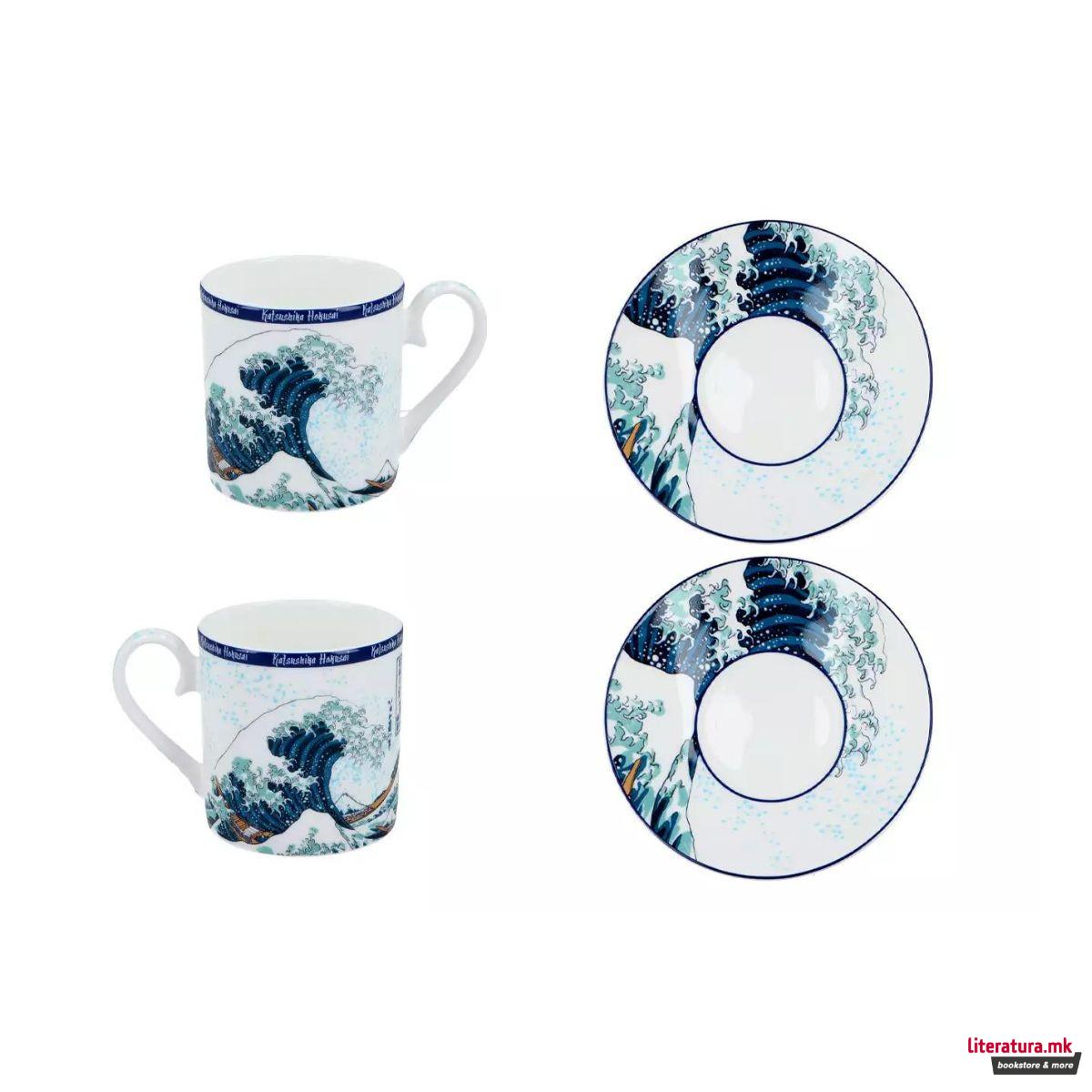 Сет од 2 шолји за еспресо со тацни, Hokusai - The Great Wave of Kanagawa, 100ml