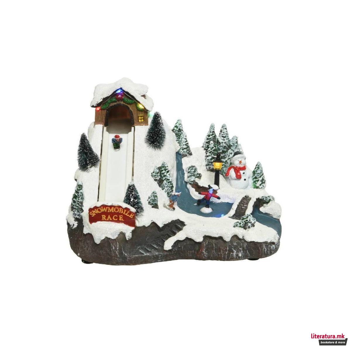Декоративна фигура со LED светла, Christmas Village w/Ski Ramp