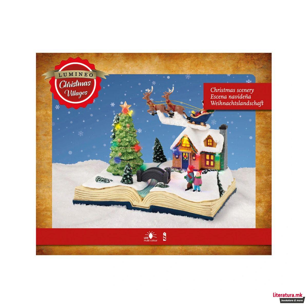 Декоративна фигура со LED светла, Santa Flying Over House