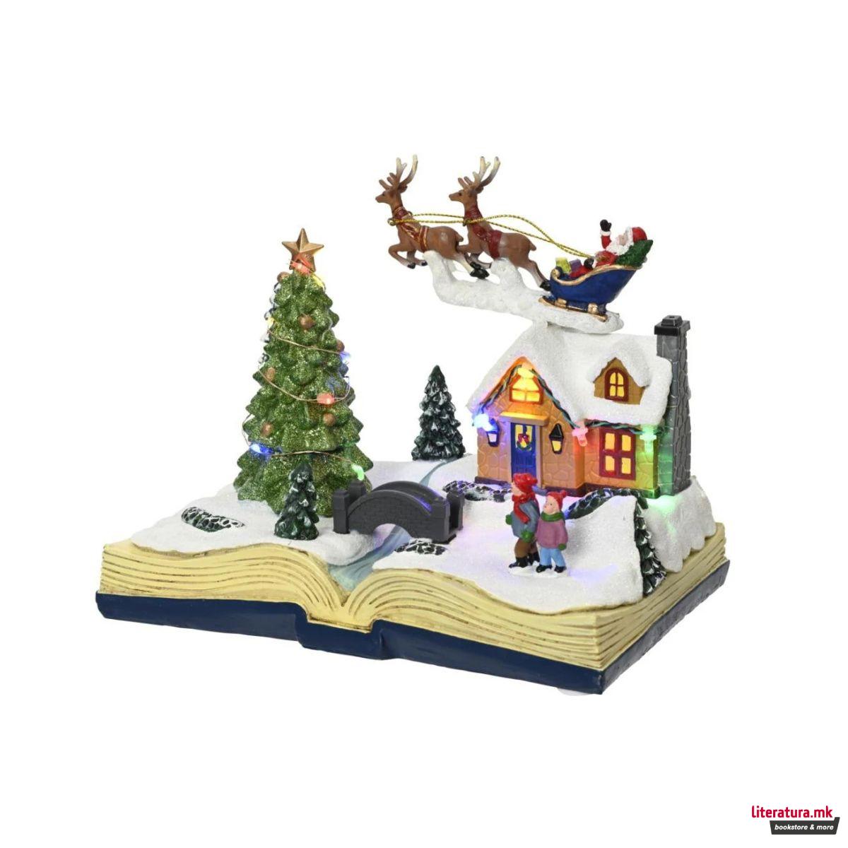 Декоративна фигура со LED светла, Santa Flying Over House