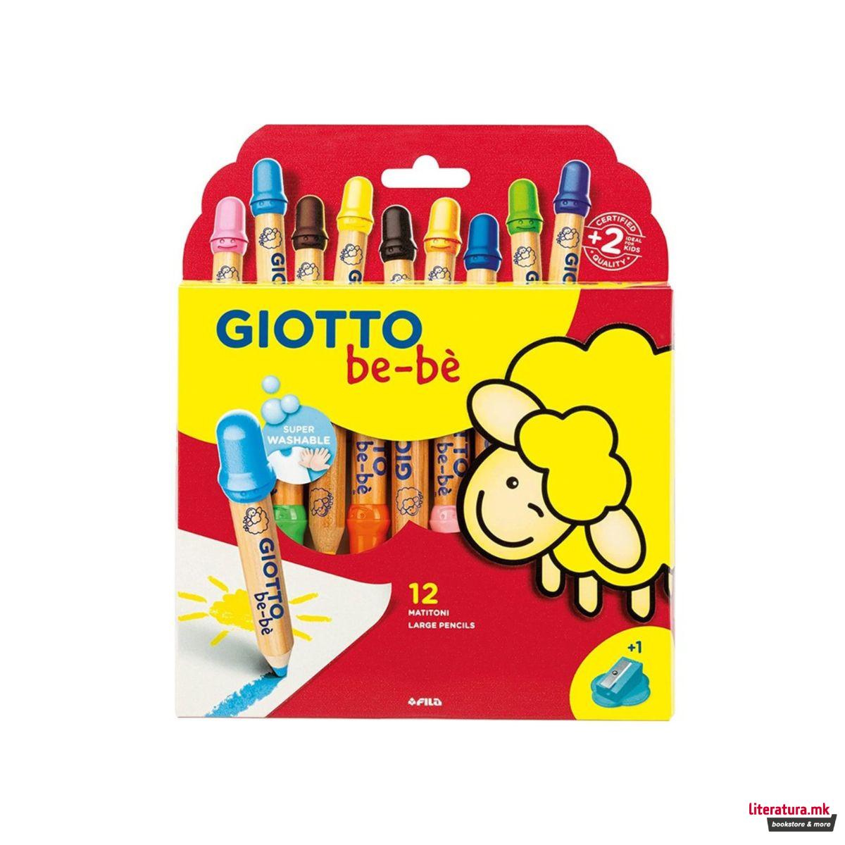 Сет од 12 дрвени боички + острилка, Giotto be-be