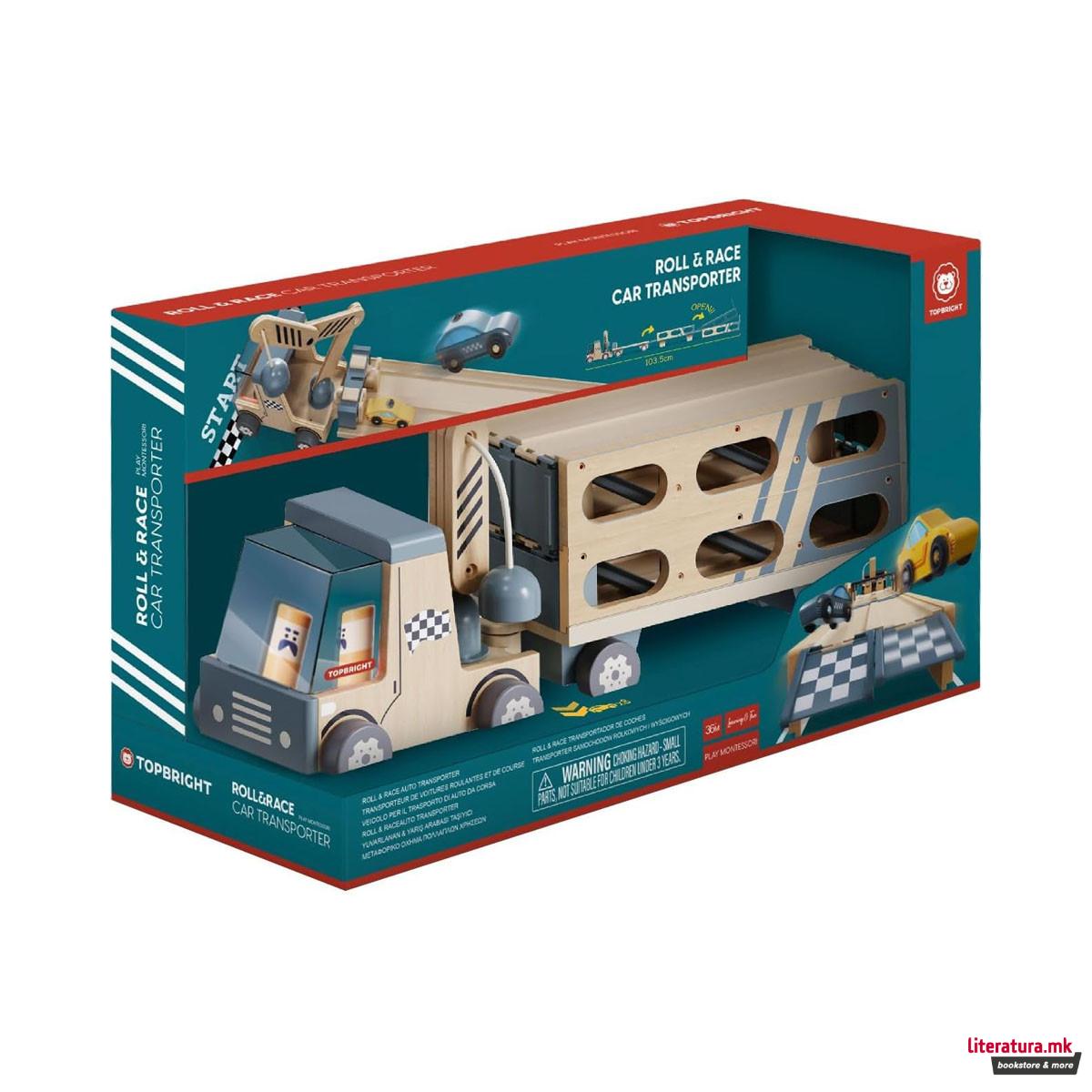 Дрвен сет за игра Roll & Race Car Transporter 