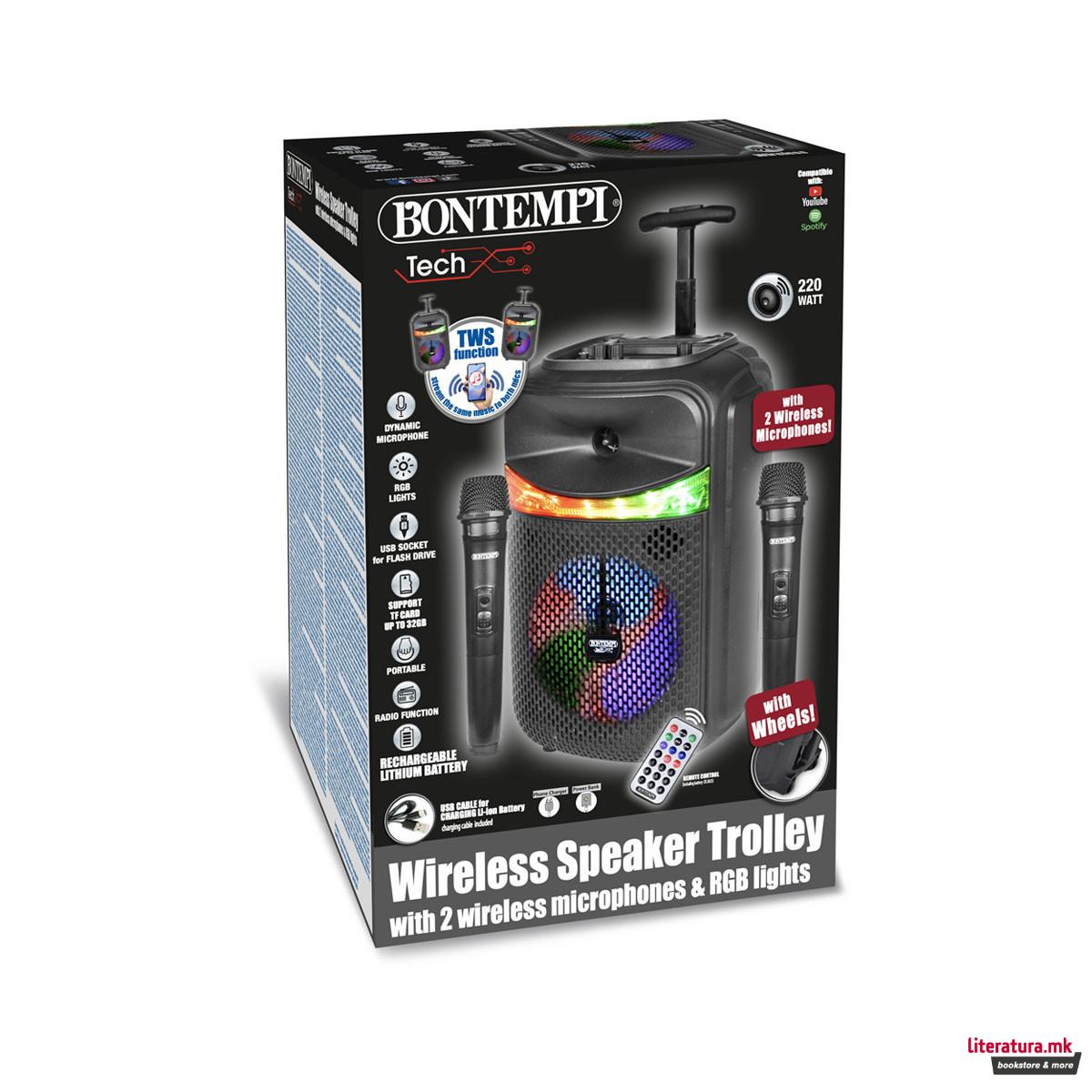 Безжичен звучник со тркалца, со 2 микрофони и RGB светла, 82cm 