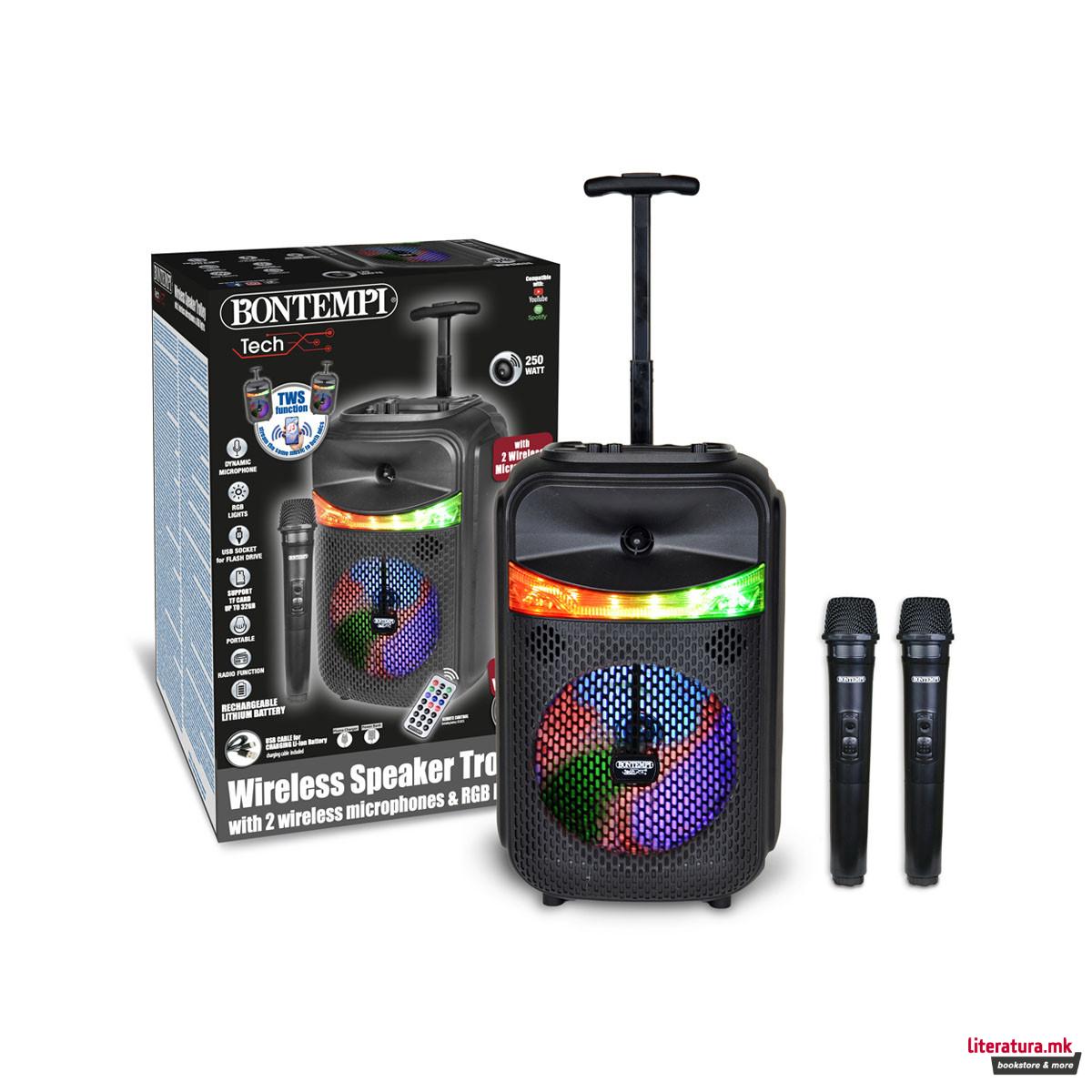 Безжичен звучник со тркалца, со 2 микрофони и RGB светла, 82cm 