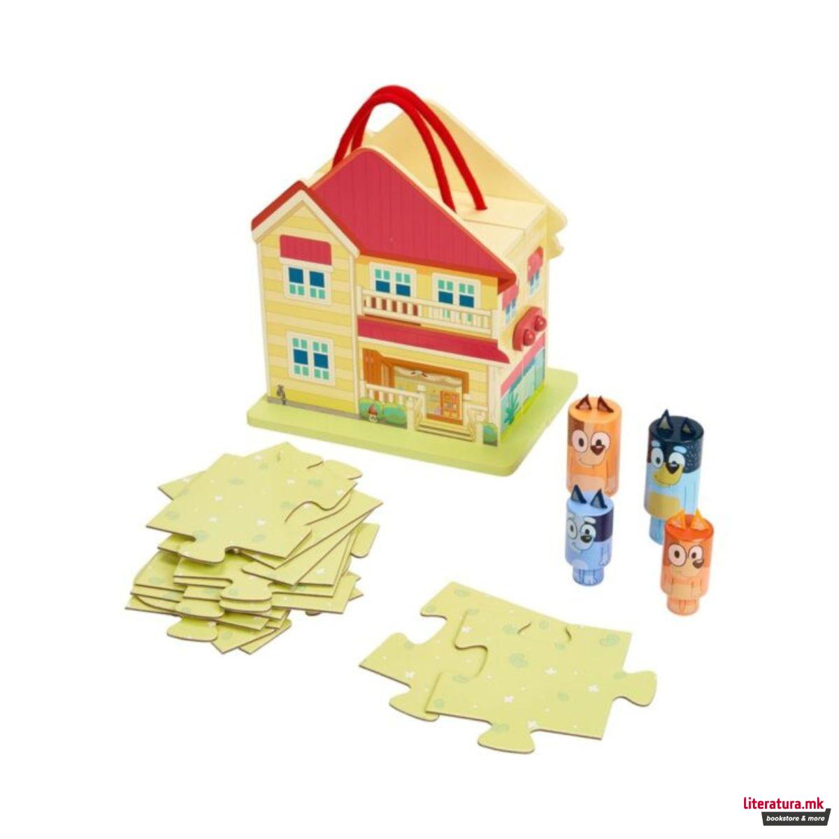 Дрвена куќичка со 6 фигури, Bluey: Wooden Carry Along House 