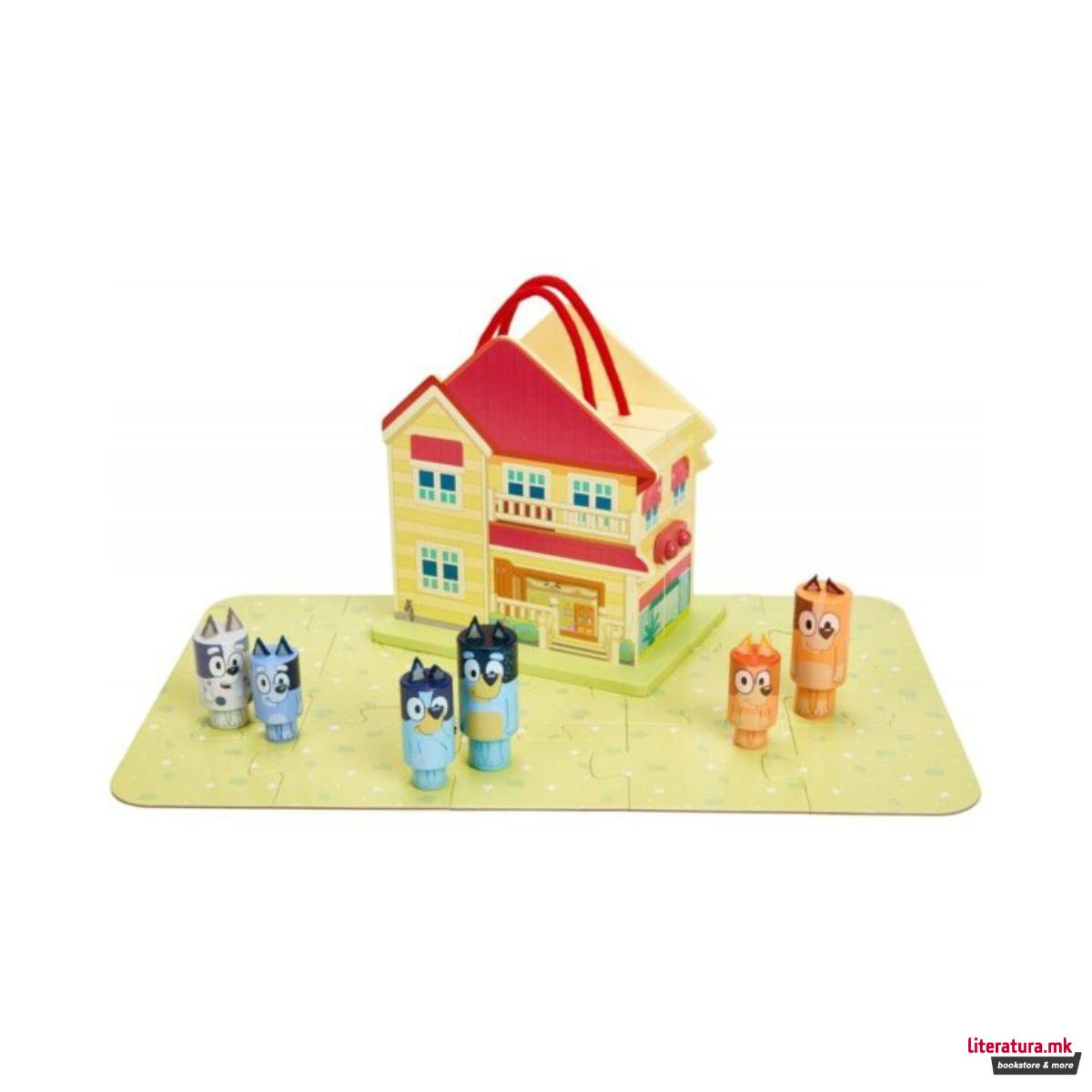 Дрвена куќичка со 6 фигури, Bluey: Wooden Carry Along House 