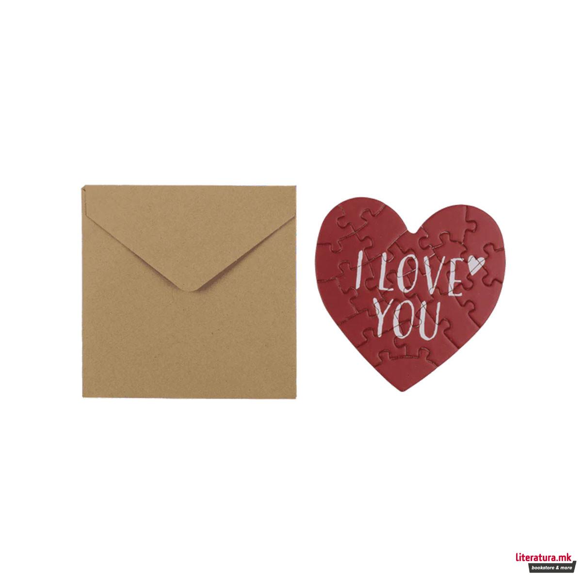 Картичка во облик на срце - сложувалка I Love You, 2 дизајни 