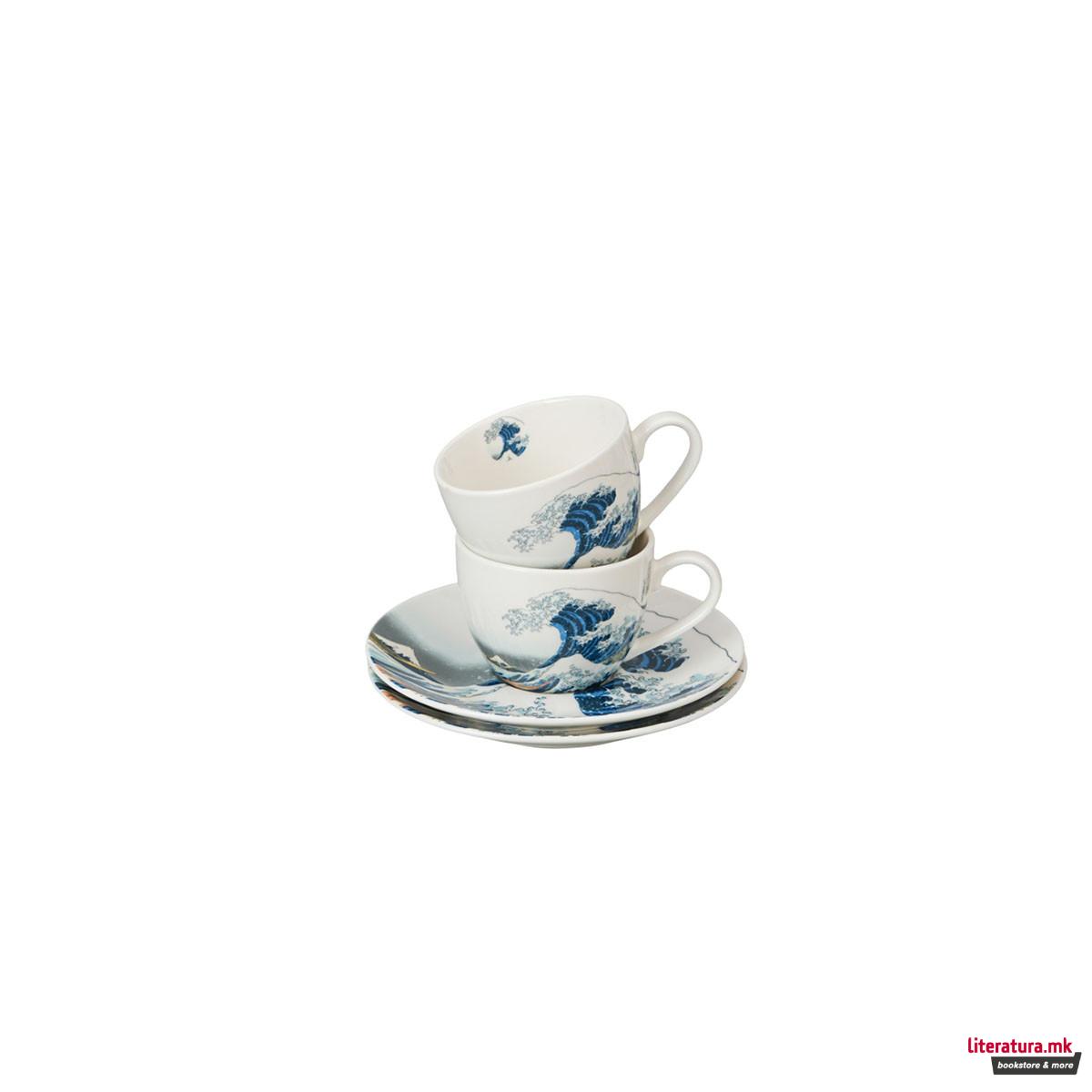 Сет од 2 шолји за еспресо со тацни, Hokusai - The Great Wave of Kanagawa, 110ml 
