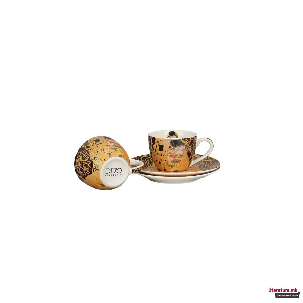 Сет од 2 шолји за еспресо со тацни, Klimt - The Kiss (кафеави), 110ml 