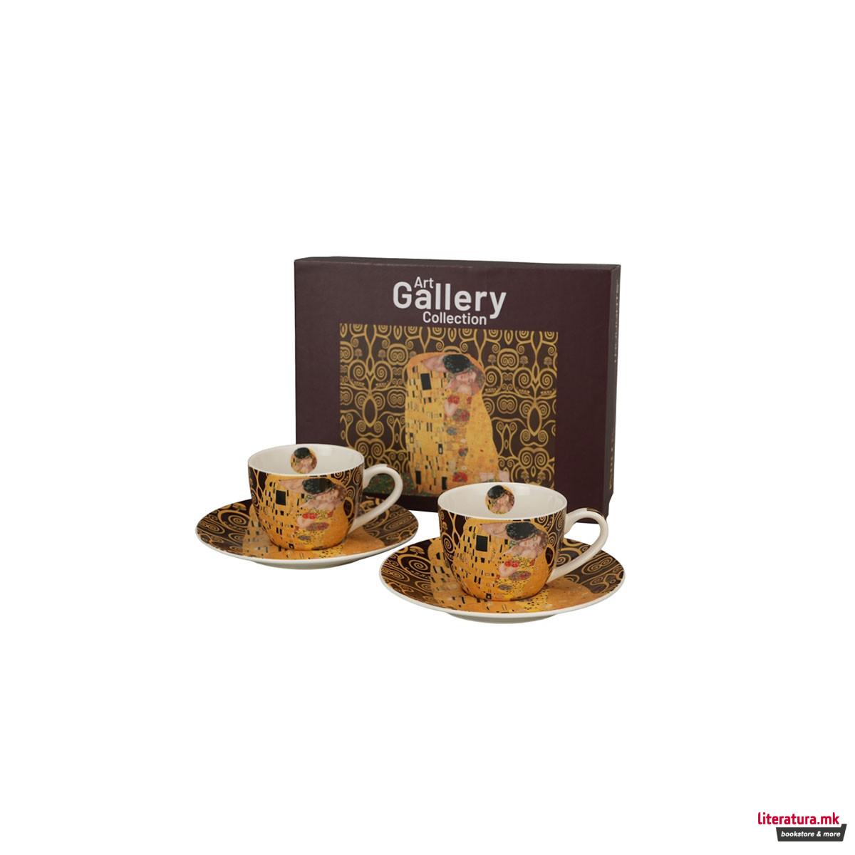 Сет од 2 шолји за еспресо со тацни, Klimt - The Kiss (кафеави), 110ml 