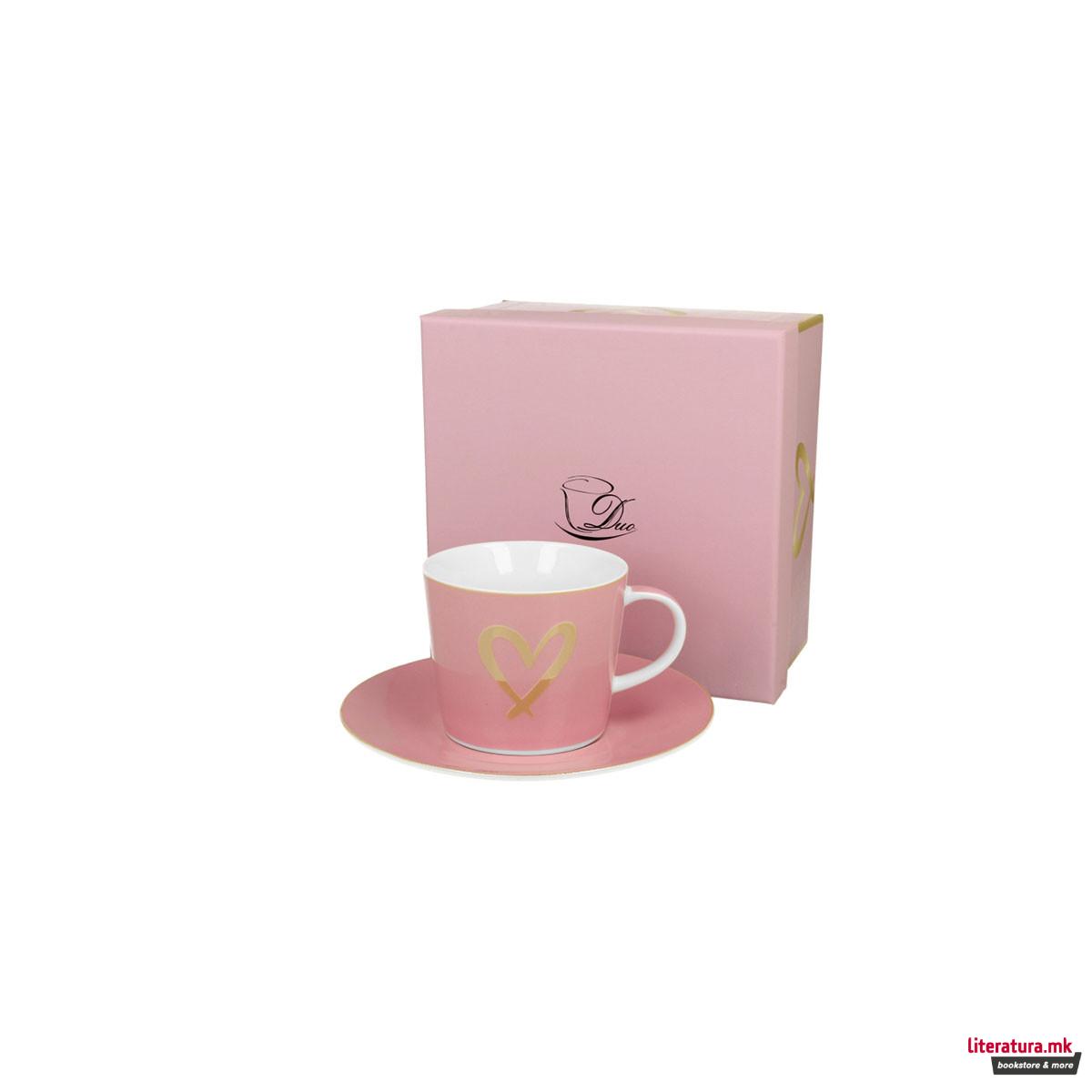 Сет шолја со тацна, Pink Gold Heart, 250ml 