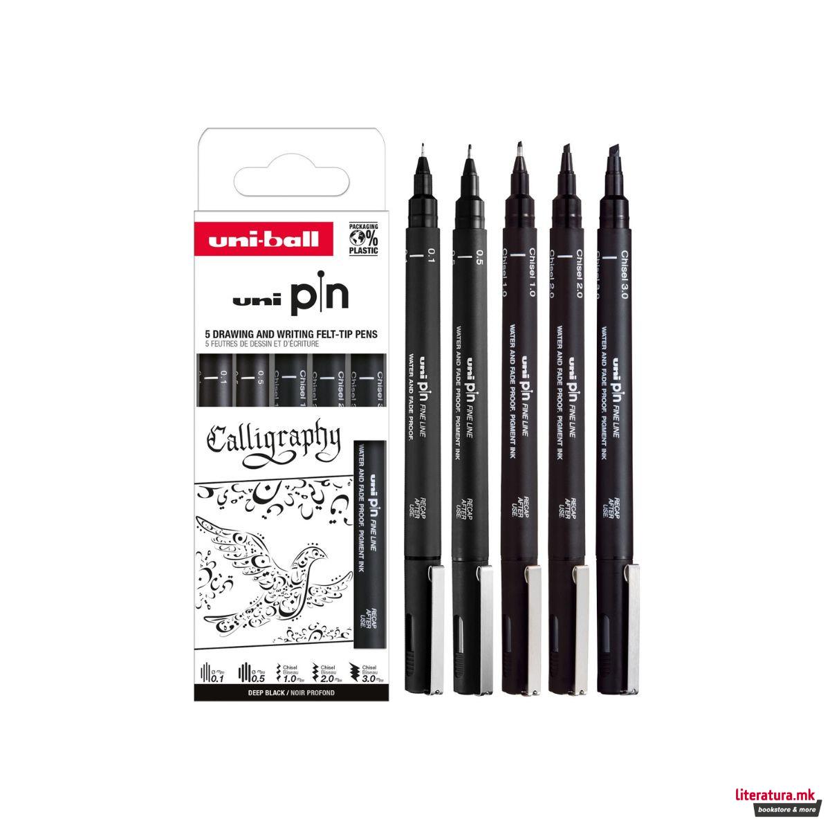 Сет фајнлајнери, Uni Pin - Calligraphy, Deep Black, 1/5 
