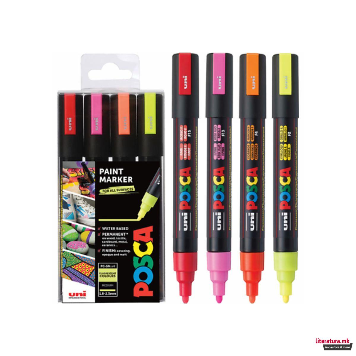 Сет маркери, Posca PC-5M - Fluorescent Colours, 1/4 