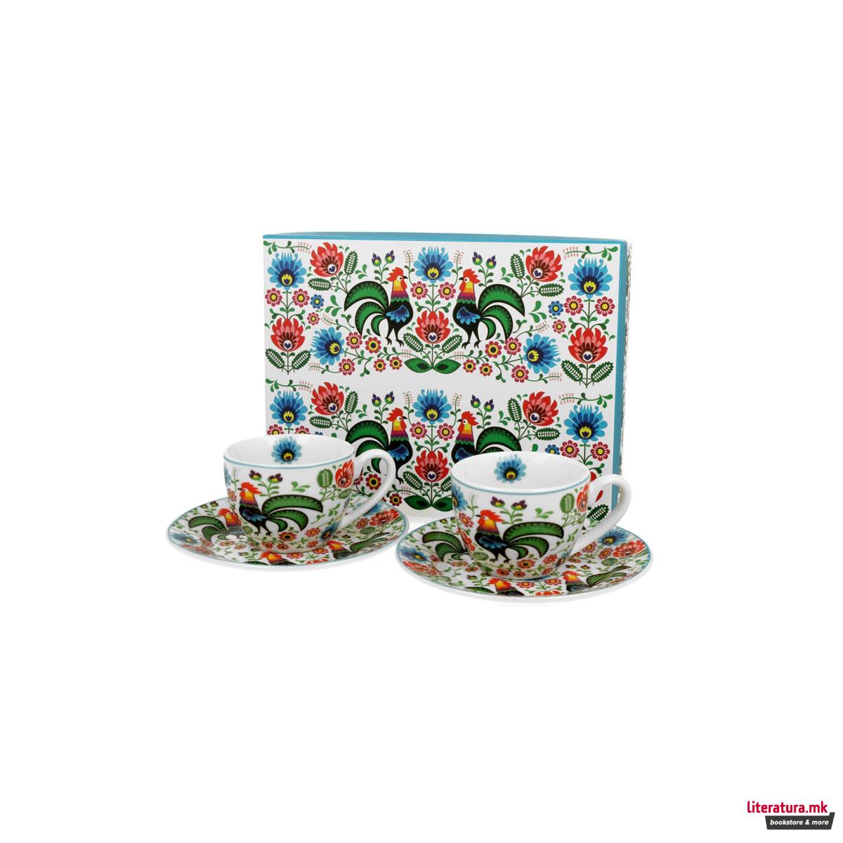 Сет од 2 шолји со тацни Folk Roosters, 110 ml 