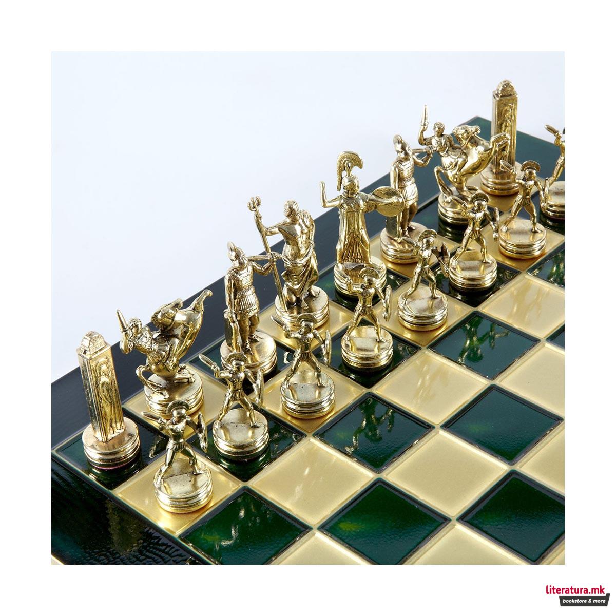 Сет за шах, Handcrafted Greek Mythology, голем, зелен со зелени/златни фигури 